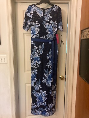 NWT Adrianna Papell Navy Floral Embroidered Lace Gown 10