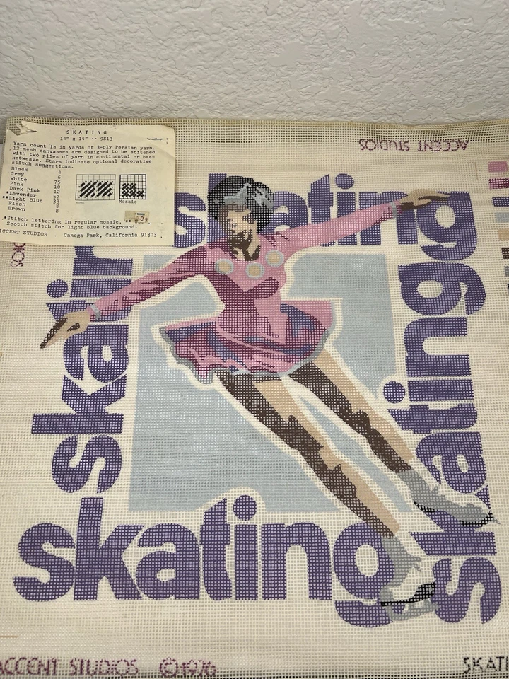 Vintage Skating Needlepoint Canvas Accent Studios 1976 14" x 14" - Image 3 of 4