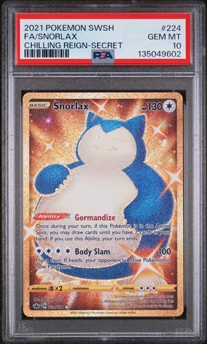 2021 POKEMON SWORD & SHIELD CHILLING REIGN SECRET #224 FULL ART/SNORLAX PSA 10