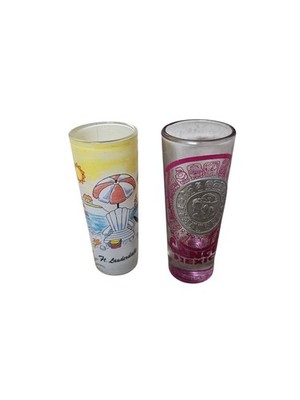 2-SOUVENIR CANCUN MEXICO AZTEC MAYAN CHICHEN ITZA PYRAMID DBL SHOT SHOOTER GLASS