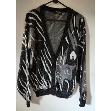 Vintage Scandia Cardigan Sweater Men Size Large Abstract White Black Geometric