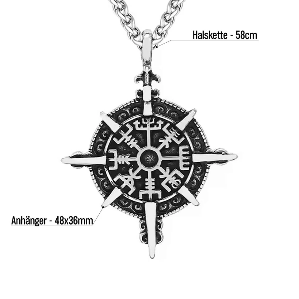 Halskette mit Kompass Anhänger Wikinger Silber Herren Schmuck Edelstahl Kette - Bild 3 von 4