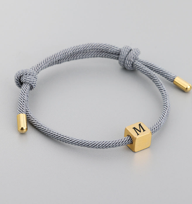 Engraved Word Square Charm Bracelet Gold Plated Couple Rope