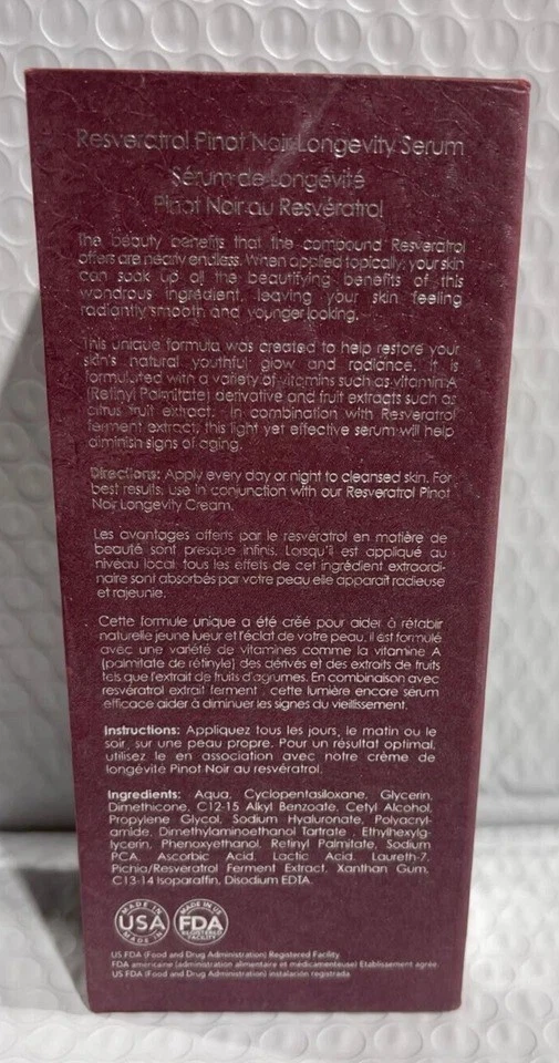 SUERO LONGEVIDAD VERA RESVERATROL PINOT NOIR 30 ml/1 fl. oz. TOTALMENTE NUEVO Foto 3 de 4