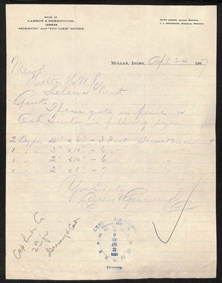 1897 Larson & Greenough ''Morning'' & ''You Like'' Mines Mullan ID Mining Letterhead