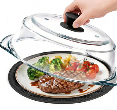 Glass Microwave Splatter Cover for Food with Microwave Place Mat - Sturdy Plate 