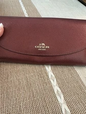 Coach Burgundy Metallic Sheen Slim Envelope Wallet Wear On Inside