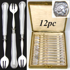 Antique French Hallmarked Silver 12pc Shellfish or Oyster Fork Set, Thread Style