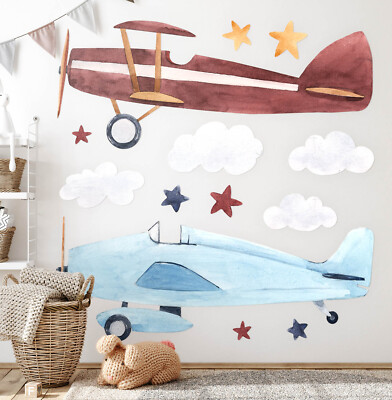Wandaufkleber Wanddeko Sticker Two airplanes in the clouds of pastel watercolors