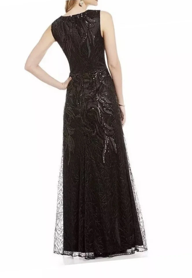 Vestido preto DAVID MEISTER, lantejoulas, bordado, renda, decote em V, tamanho 14. - Imagem 2 de 4