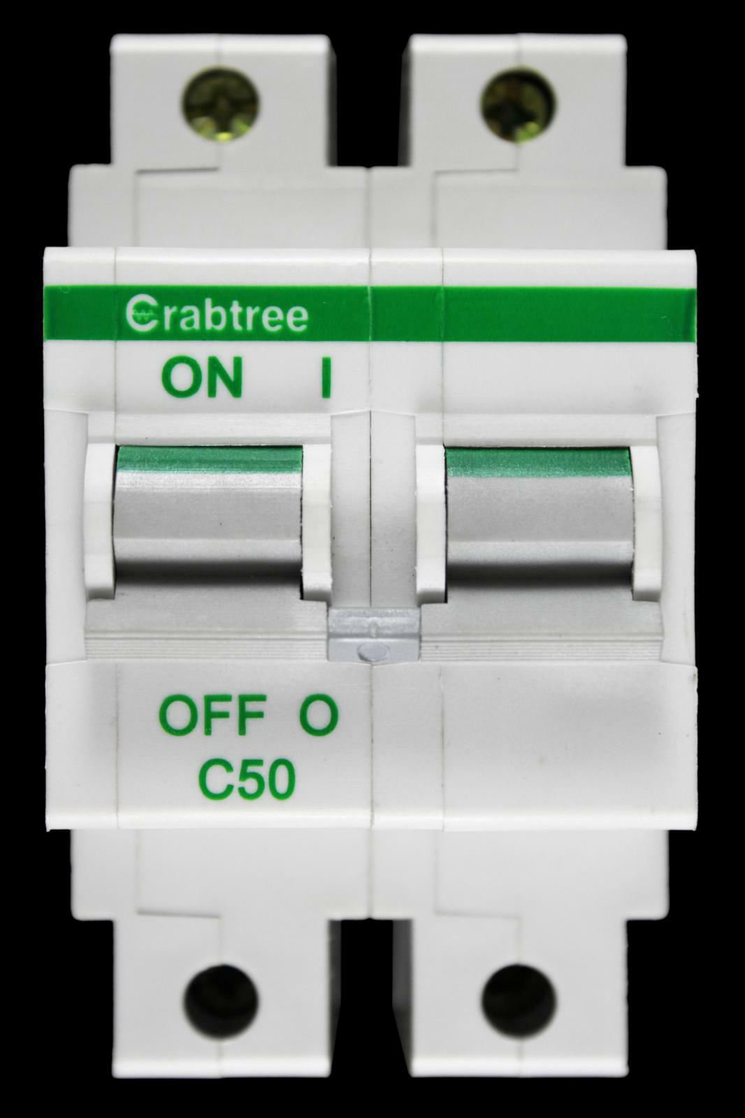 CRABTREE 50 AMP CURVE C 16kA DOUBLE POLE MCB CIRCUIT BREAKER POLESTAR 62C/50