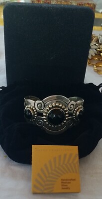VINTAGE TAXCO MEXICO 925 STERLINGSILBER ONYX MANSCHETTENARMBAND NEU IM KARTON 