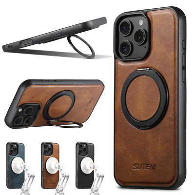 For iPhone 16 Pro Max 15 14 13 12 Men's Magnetic Ring Stand PU Leather Slim Case