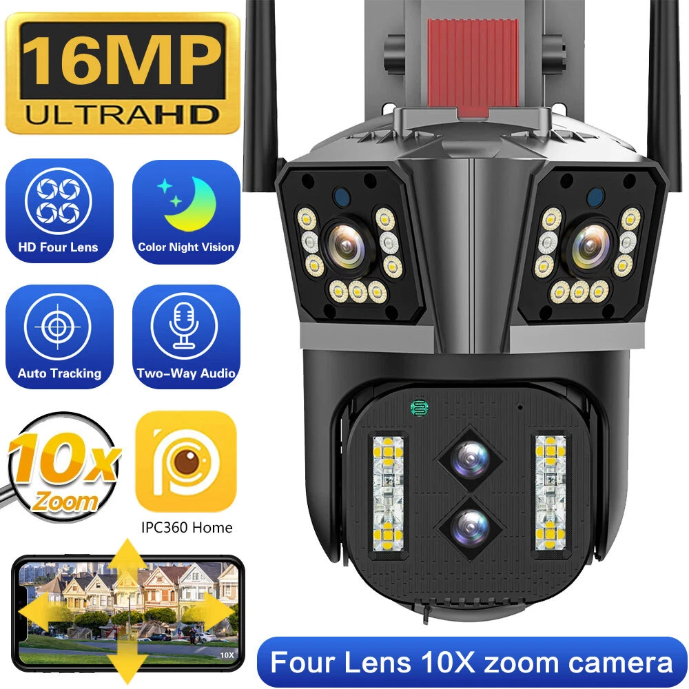 8K 16MP IP WiFi 360 10X Zoom 4 Lens 3 Screens Security Camera System Outdoor PTZ