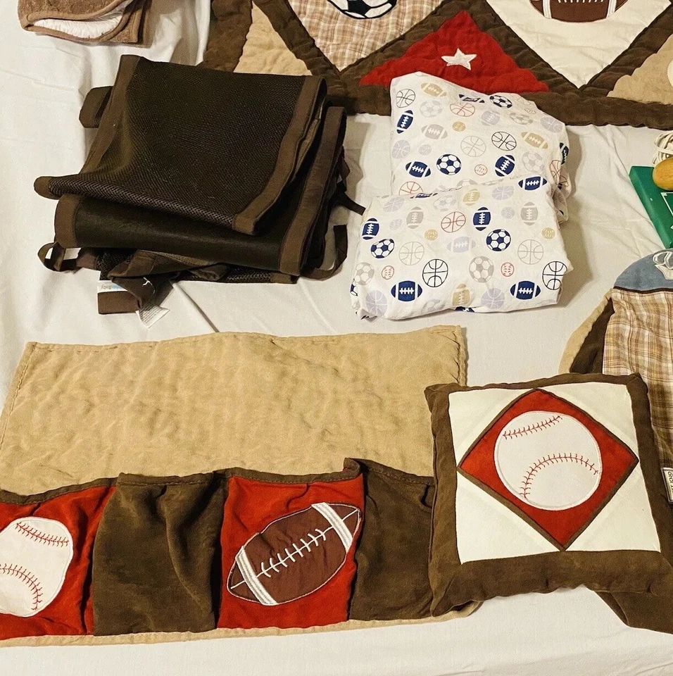 Lot of 13 Pc Baby Room Sports Theme Items. Quilt Dust Ruffle Sheets - Image 3 of 4