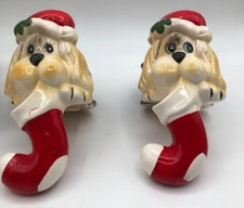 Set of 2 Ceramic Puppy Dog Mantle Stocking Holder Stock # 54-395 Vintage 1980s