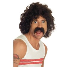 70s Mens Wig Short Curly Brown Hair Disco Costume Accessory 70s Mustache Retr...