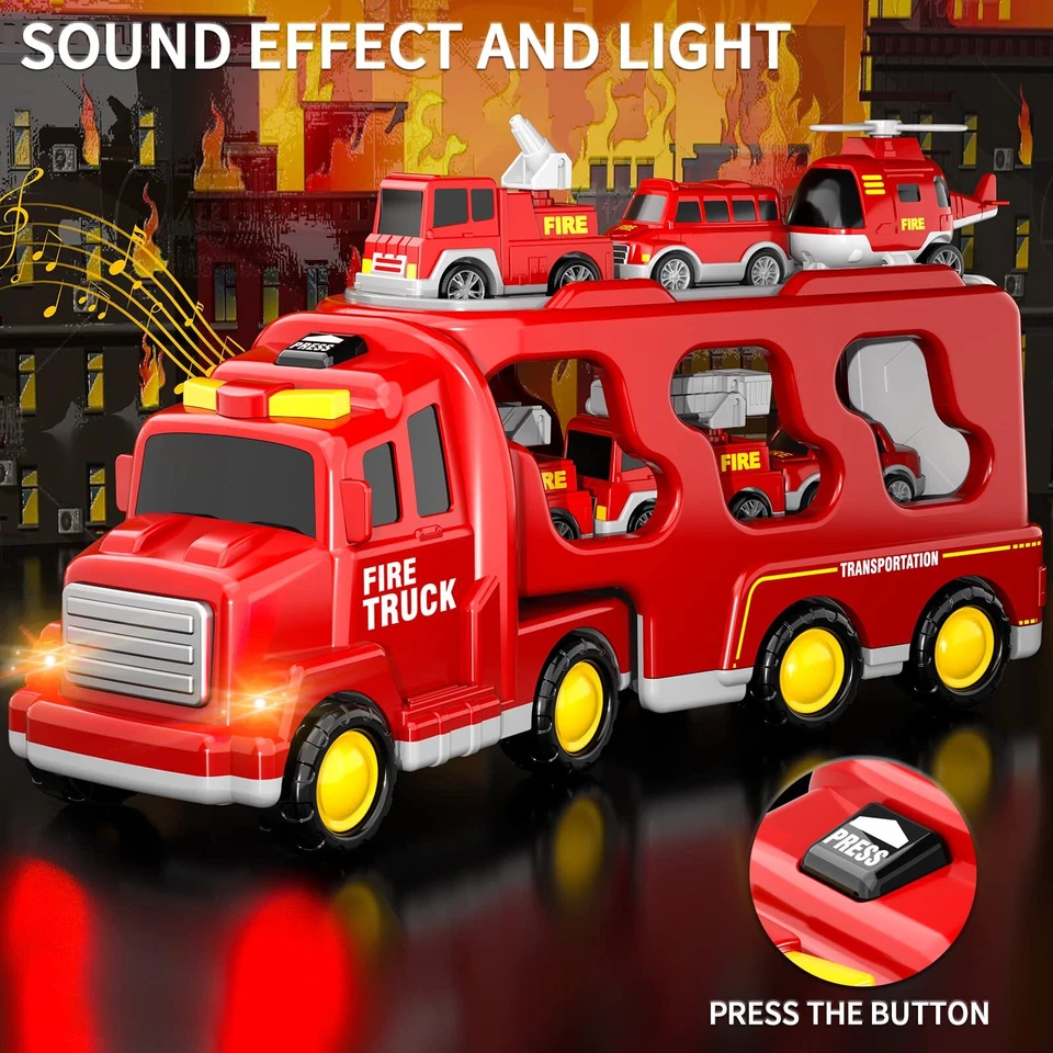 7 in 1 LKW Feuerwehrauto mit Licht und Musik Auto Transporter Kinder Spielzeug - Bild 2 von 4