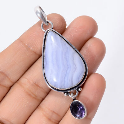 Blue Lace Agate Amethyst Gemstone 925 Silver Handmade Pendant 2.4'' ARP-3782