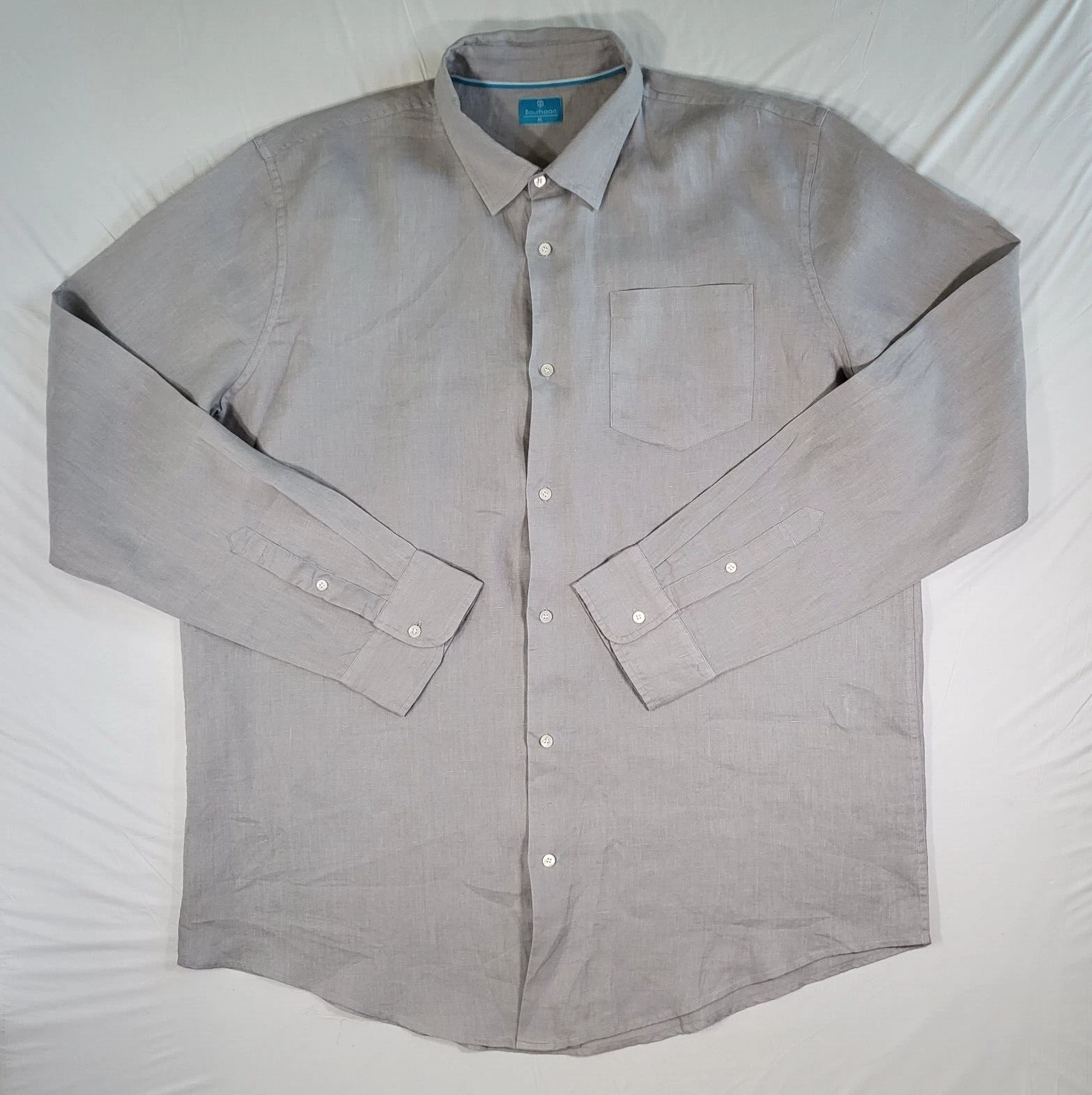 Bourhaan Mens Shirt 100% Linen Button Up XL Long Sleeve Pocket Gray