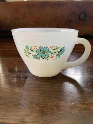 Vintage Fire King Oven Ware Milk Glass Coffee Cup With Bonnie Blue Flowers