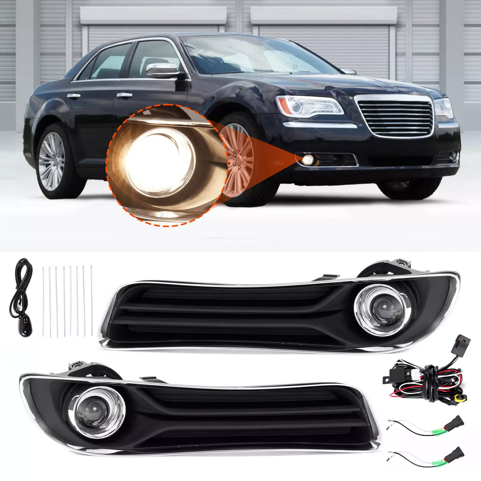 For Chrysler 300 11-14 LED Projector Bumper Driving Fog Lights W/Bezel+Switch