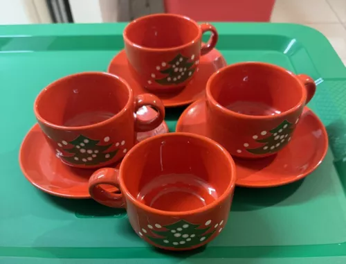 Waechtersbach Holiday Red Cup & Saucer Christmas Tree Design On Cup 6oz Set of 3