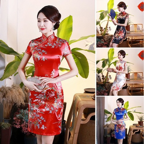 Donna Abito Mini Cheongsam Vestito Cinese Tradizionale Casual Stand  Colletto | eBay