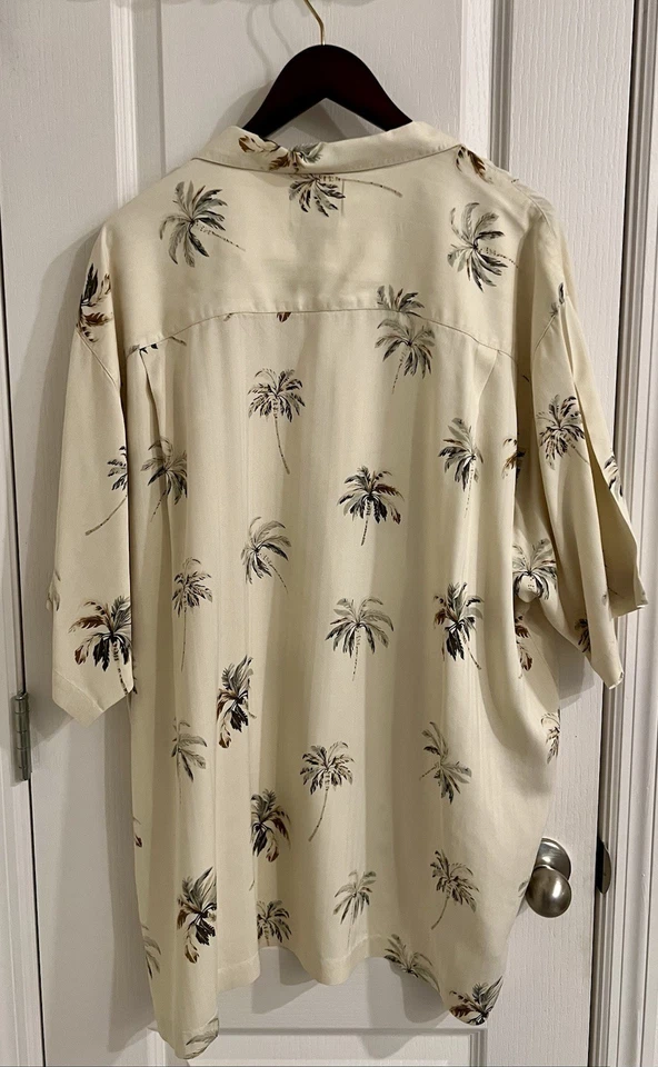 Luau Мужские 2XL гавайский 100% тонкий шелк кнопка спереди рубашка ладони листья желтовато-коричневый - Изображение 2 из 4
