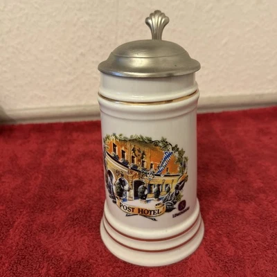 Bierkrug mit Reinzinnndeckel Post Hotel Löwenbräu NPM/Made in Meißen Germany. - Bild 1 von 4