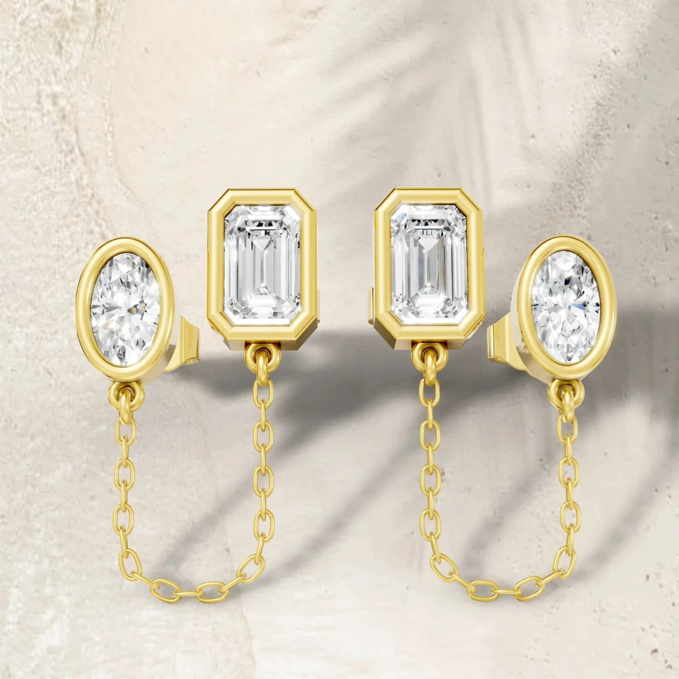 14K Lab-Created Diamond Emerald Oval Cut Chain Stud Earring EF VS Push Back - Image 4 of 4