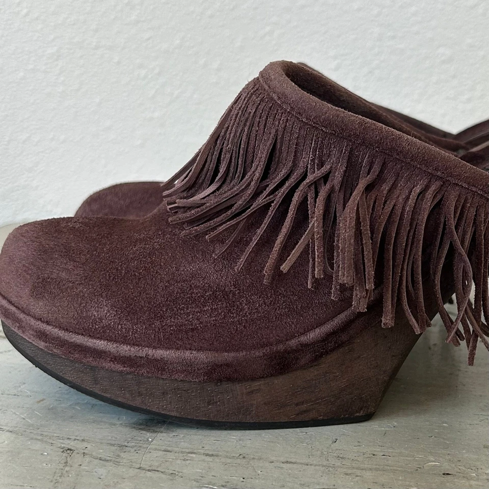 Mulas plataforma dos labios vintage tacón alto suela de madera flecos de cuero Y2K boho 8 Foto 2 de 4