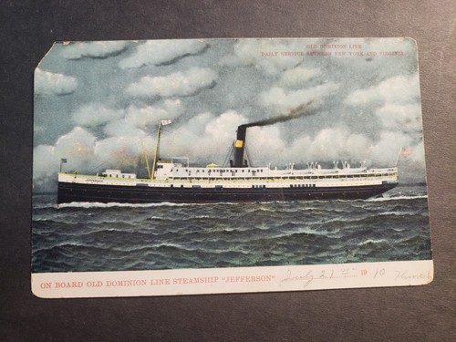 Steamer SS JEFFERSON, Old Dominion Line Naval Cover Unused 1910 Postcard - Picture 1 of 2