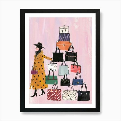 Frau mit vielen Handtaschen Kunstdruck gerahmt Wandbild Poster Leinwanddruck Bild