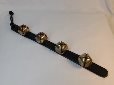 Brass Sleigh Jingle Bells 4 on Black Leather Strap 14''