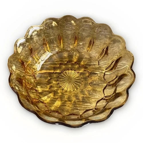 Anchor Hocking Serving Bowl Fairfield Amber Glass Scalloped 70's Vintage Round