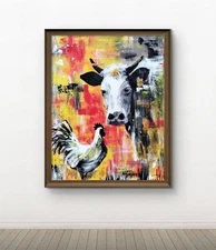 NINILU Expressionism Original  14 x 11 Canvas Painting Cow and Chicken