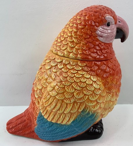 Biscottiera in ceramica colorata arancio giallo blu pappagallo 10" H