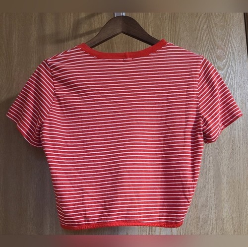 Monrow Striped Crop Top Women's Red/White Crew Neck Pullover Short Sleeve Size M - Picture 2 of 4