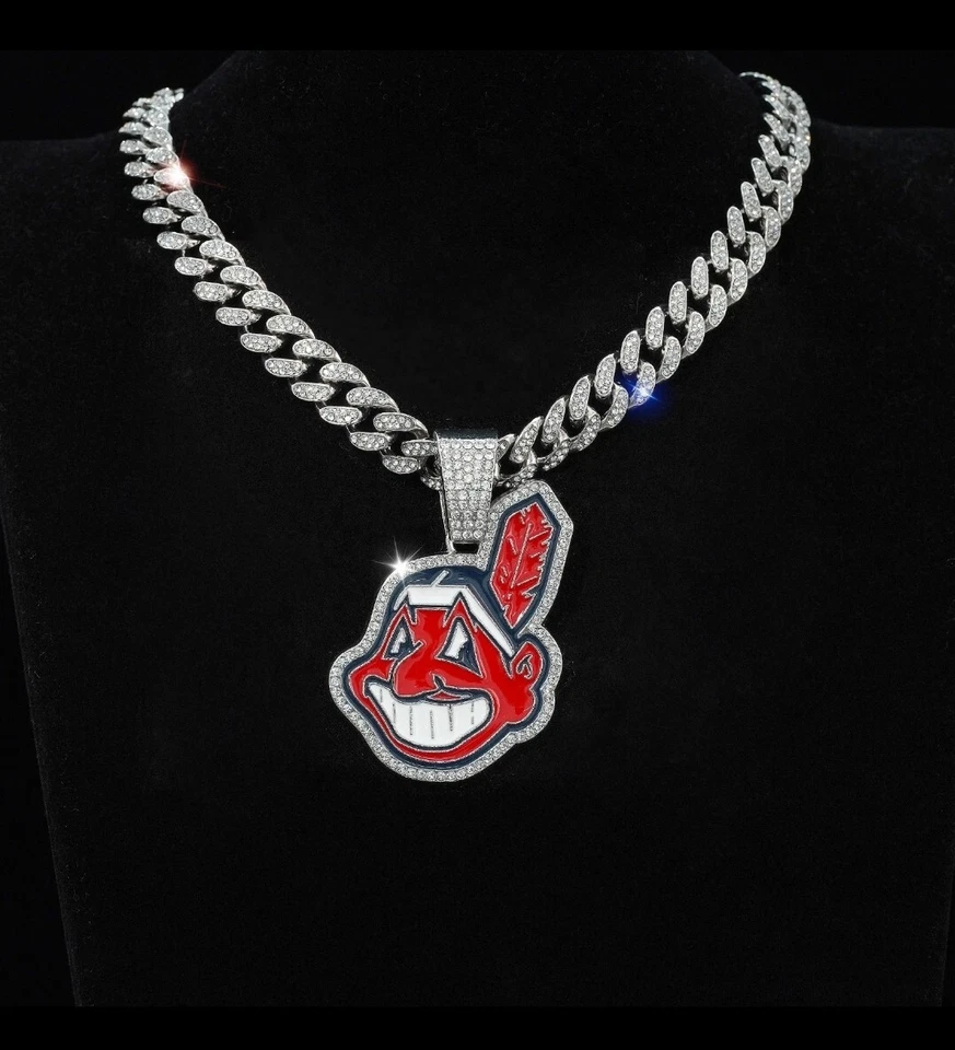 CLEVELAND INDIAN NECKLACE Silver Bling Baseball Pendant /24" Cuban Chain - Image 3 of 3