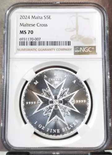 2024 MALTA SILVER 5 EURO MALTESE CROSS NGC MS 70 RARE PERFECTION