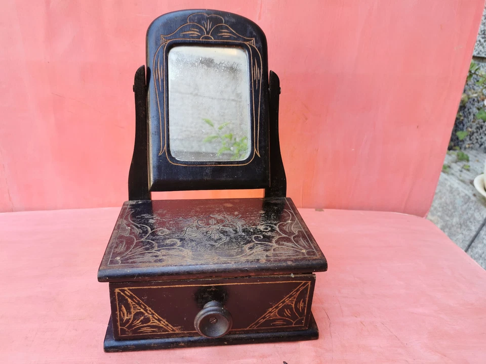 ANTIGUO ARMARIO DE MADERA PRIMITIVO HECHO A MANO ESPEJO INODORO ARMARIO maquillaje Foto 4 de 4