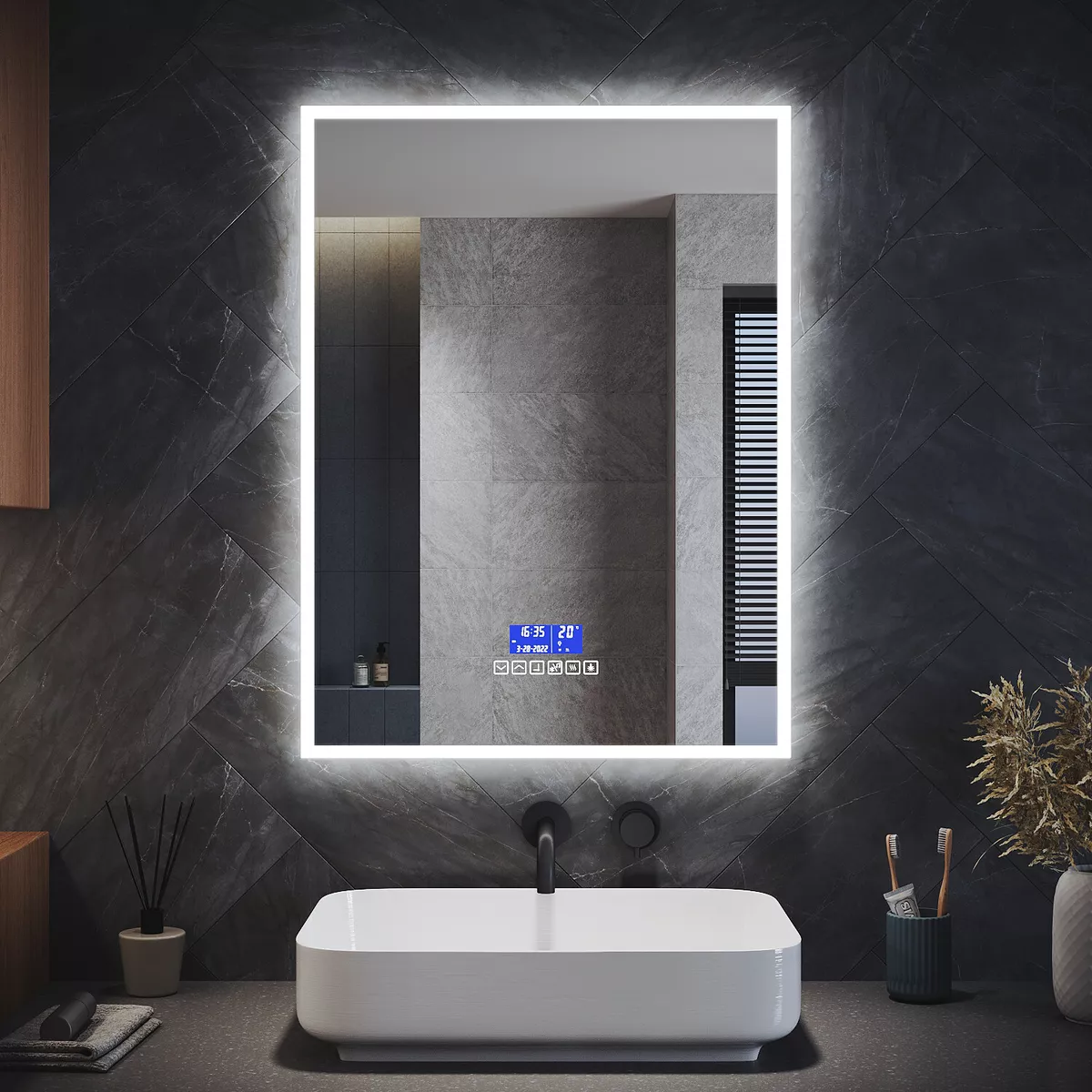 LED Bathroom Mirror with Bluetooth Shaver Socket Demister Touch Illuminated IP44