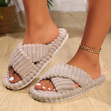 Fashion Corduroy Cross Ribbon Slippers for Women Autumn Winter Warm Plush Shoes