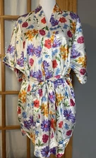 Vtg Kathryn Women's Satin Robe Sz L Mid Length Purple Red Yellow Floral Belted