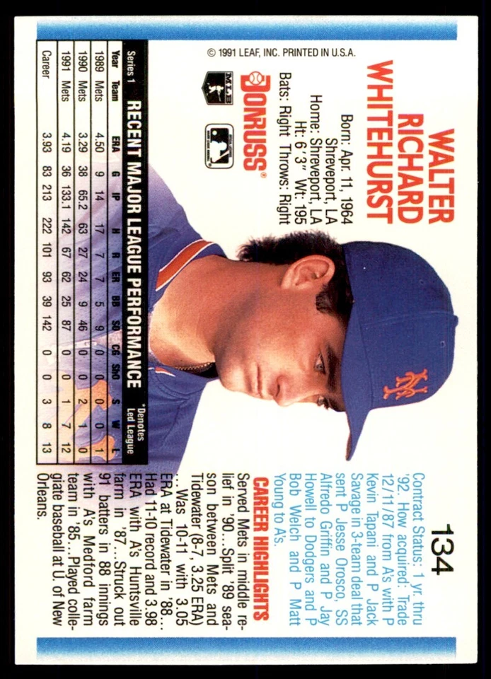 1992 Donruss Wally Whitehurst New York Mets #134 - Image 2 of 2