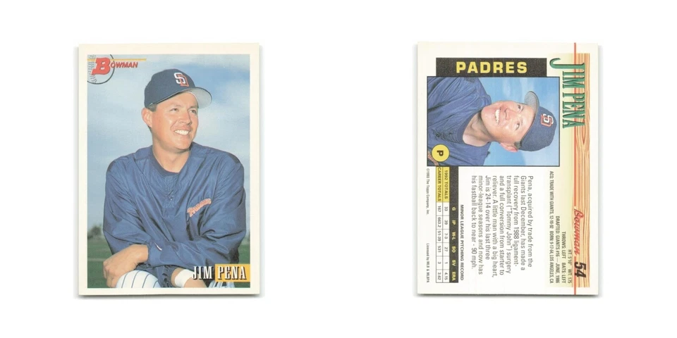 Jim Pena Rookie 1993 Bowman #54 San Diego Padres Baseball Card NM - Image 3 of 3