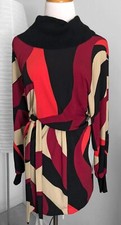 Caché Colorful Belted Long Sleeve Dress w/ Cowl Neck, Abstract Print, Medium