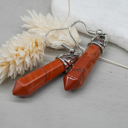 Natural Stone Jewelry Red Jasper Crystal Gemstone Hexagon Earrings Silver Gift - Picture 4 of 8
