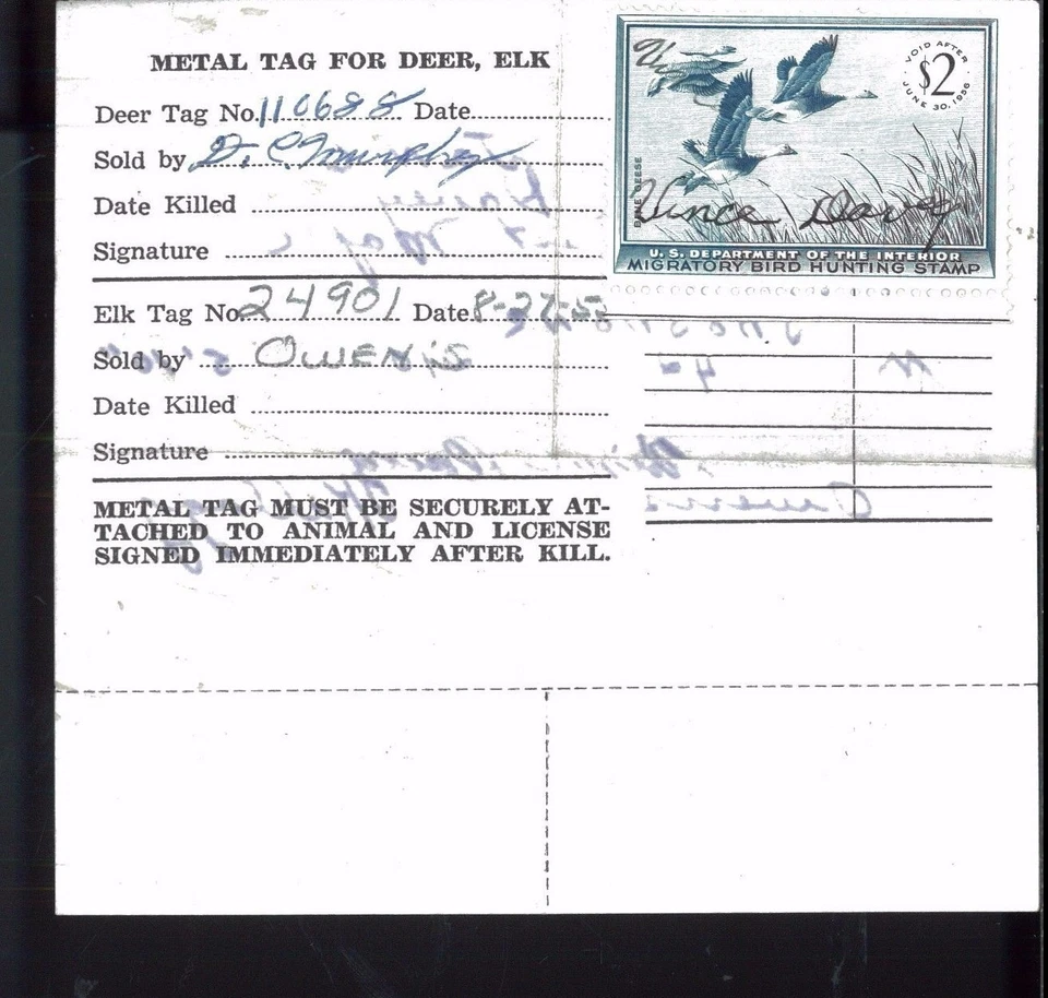 IDAHO DUCK STAMP RW23 (used) On 1956 Hunting/ Fishing License - 12 - Image 2 of 2